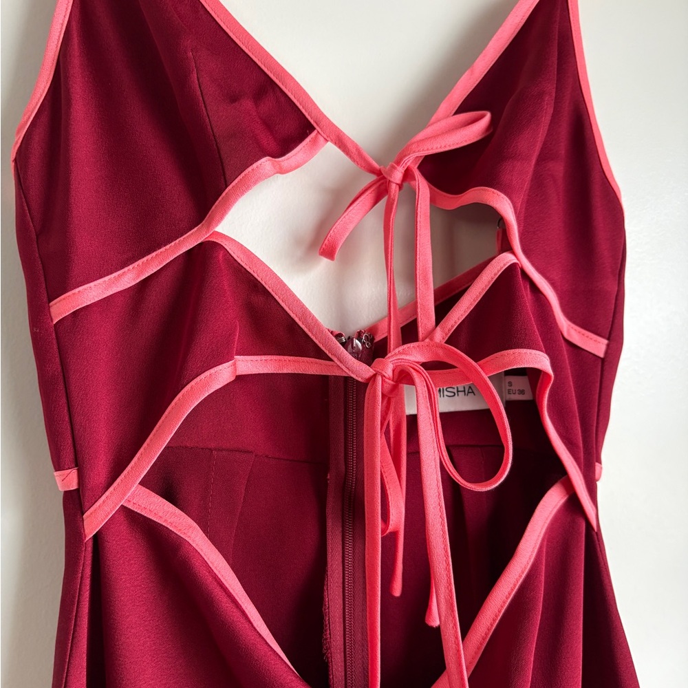 Misha Burgundy Maxi Dress with Pink Trim front cutout - Picture 2 of 4